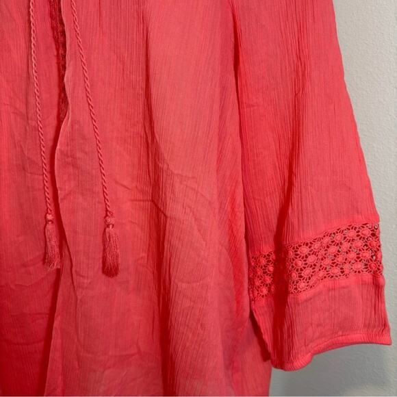 NWT Lane Bryant Coral Pink Blouse Gauzy Cotton Tie Neck 3/4 Sleeve, Size 18/20 - Picture 4 of 9